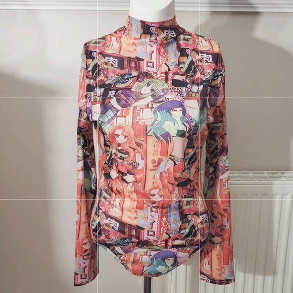 Japanese Anime-Manga Graphic Print Mock Neck Bodysuit Onesie- Size Small - Picture 3 of 15